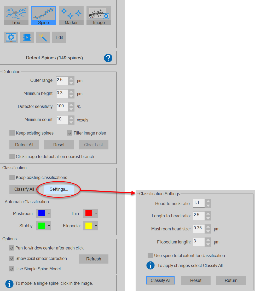 Spine Classification Settings Panel